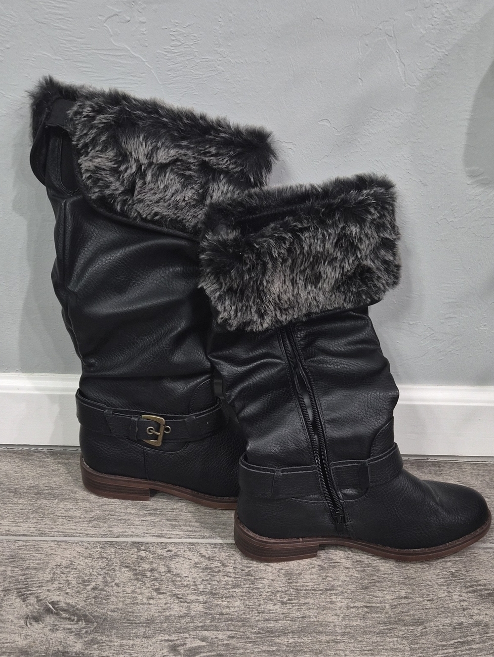 Oxo Black Faux-Fur Cuff Mid-Calf Riding Boots